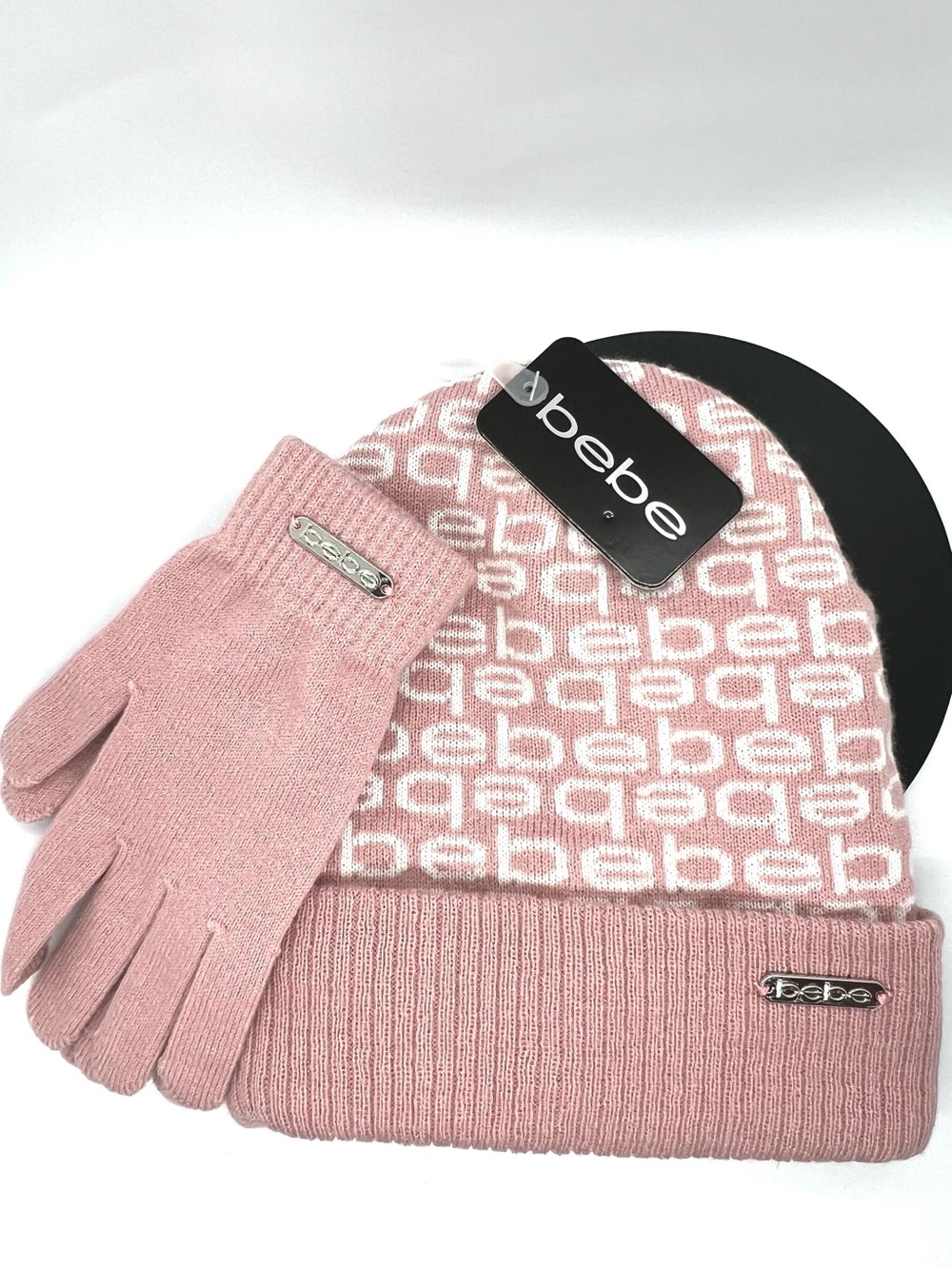 bebe NWT Pink Logo Monogram Beanie Hat & Gloves 2 Piece Set Y2K
